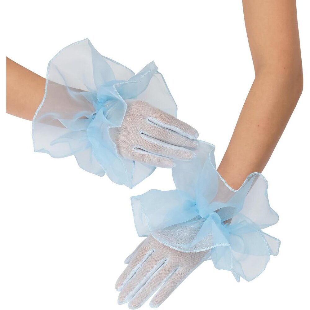 Women's Light Blue Short Mesh Imported Tulle Sheer Lace Ruffles Gloves
